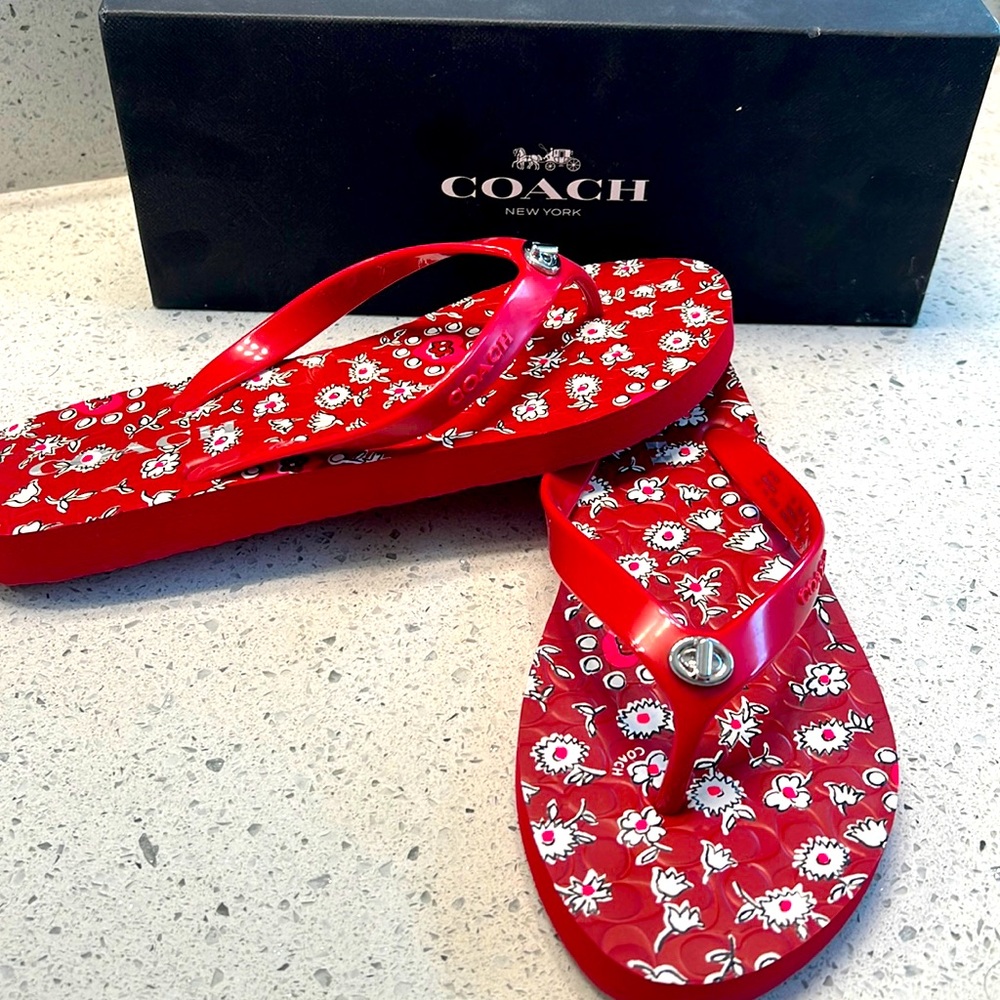 Coach red flip-flops, floral 7M